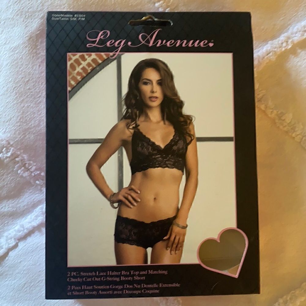 Leg Avenue S/M lace halter and matching cheeky cut out g-string booty short. NWT